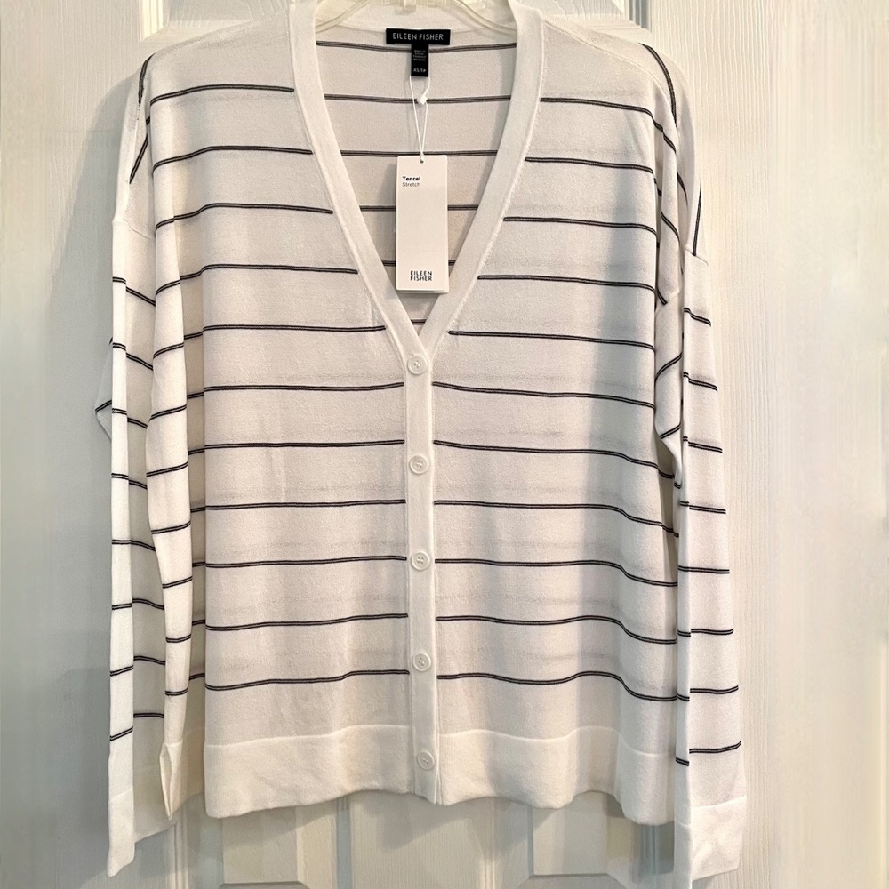 Eileen Fisher Stretchy Boxy Cardigan NEW XS White/Graphite Gray NWT